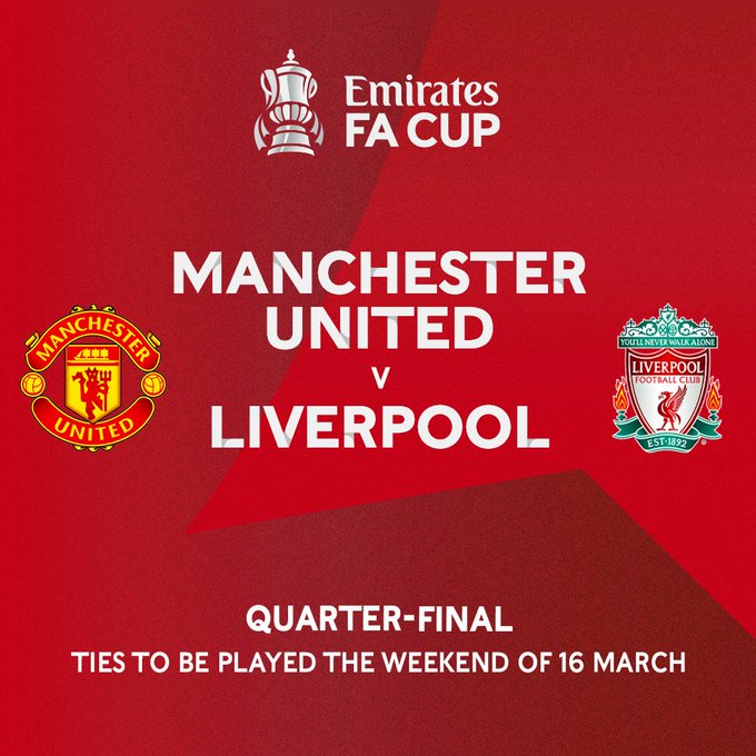 A graphic promoting the quarter-final tie between Manchester United and Liverpool. The tie will be played the weekend of 16 March