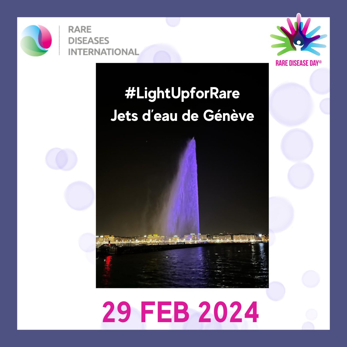 Rare Disease Day is here! Join RDI as we #LightUpforRare tonight at the Jet d'eau in Geneva at 7:30 PM as part of the global chain of lights for rare diseases. And wherever you are, let us know what you're doing for #RareDiseaseDay2024 in the comments.