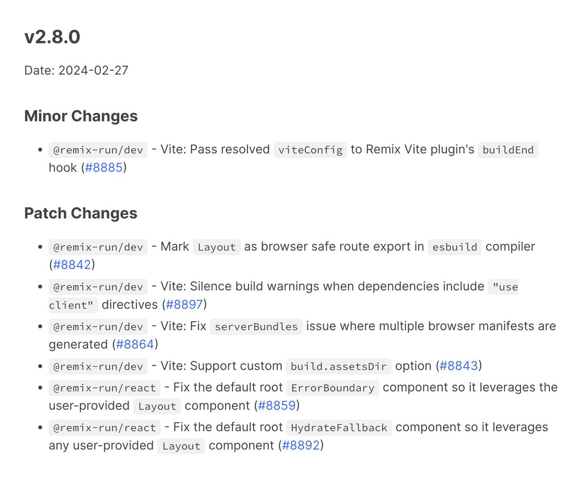 We just released Remix v2.8.0 💿 with a few improvements to Remix Vite, the classic compiler, and the new Layout export - Resolved viteConfig now gets passed to Remix Vite plugin's buildEnd hook - Support for custom build.assetsDir option - Fixed default root ErrorBoundary &…