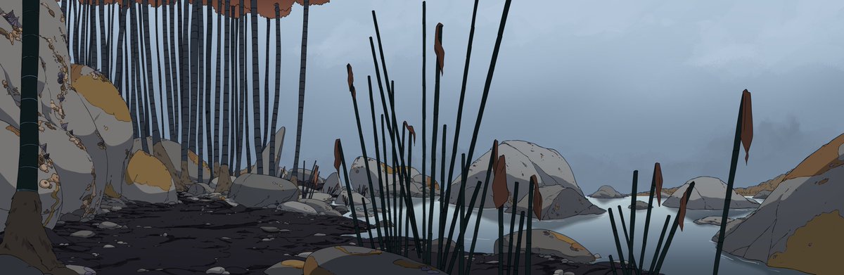 A pan shot painting from Ep 10 of Scavengers Reign! I wonder how many rainy days a year Vesta gets.. Is their soil equipped to handle the rainfall or do they get frequent Californian-style flash floods.... #scavengersreign