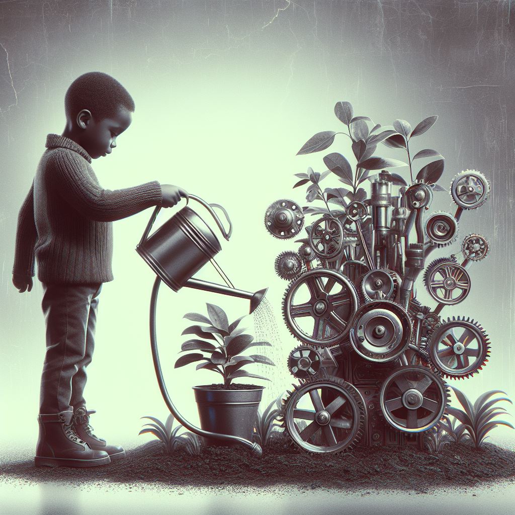 Prompt: kid watering a plant made with machine. #bingcreator In 《Do Androids Dream of Electric Sheep?》by Philip K. Dick, it's hard to have real animals as a pet after mass extinction. Most of people can only have robot animals. I'm afraid to lose living things on this planet.
