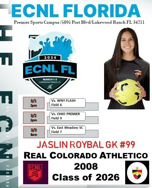 Jaslin Roybal GK (@jaslinroybalgk) on Twitter photo Heading out to ECNL Florida for our last showcase this season. Come watch us play! #RollReal #ecnlFL <a href="/RealColoSoccer/">Real Colorado Soccer</a> <a href="/ImYouthSoccer/">ECNL/GA/Recruiting/College Soccer</a>
<a href="/ImCollegeSoccer/">College Soccer Truth ™</a> <a href="/ECNLgirls/">ECNL Girls</a> <a href="/TopDrawerSoccer/">TopDrawerSoccer</a> <a href="/Nike/">Nike</a>
<a href="/TopPreps/">SPORTS NEWS, VIDEOS, GRAPHICS, EXPOSURE & MORE</a> <a href="/PrepSoccer/">Prep Soccer ⚽️</a>
<a href="/NCAA/">NCAA</a> Heading out to ECNL Florida for our last showcase this season. Come watch us play! #RollReal #ecnlFL <a href="/RealColoSoccer/">Real Colorado Soccer</a> <a href="/ImYouthSoccer/">ECNL/GA/Recruiting/College Soccer</a>
<a href="/ImCollegeSoccer/">College Soccer Truth ™</a> <a href="/ECNLgirls/">ECNL Girls</a> <a href="/TopDrawerSoccer/">TopDrawerSoccer</a> <a href="/Nike/">Nike</a>
<a href="/TopPreps/">SPORTS NEWS, VIDEOS, GRAPHICS, EXPOSURE & MORE</a> <a href="/PrepSoccer/">Prep Soccer ⚽️</a>
<a href="/NCAA/">NCAA</a>