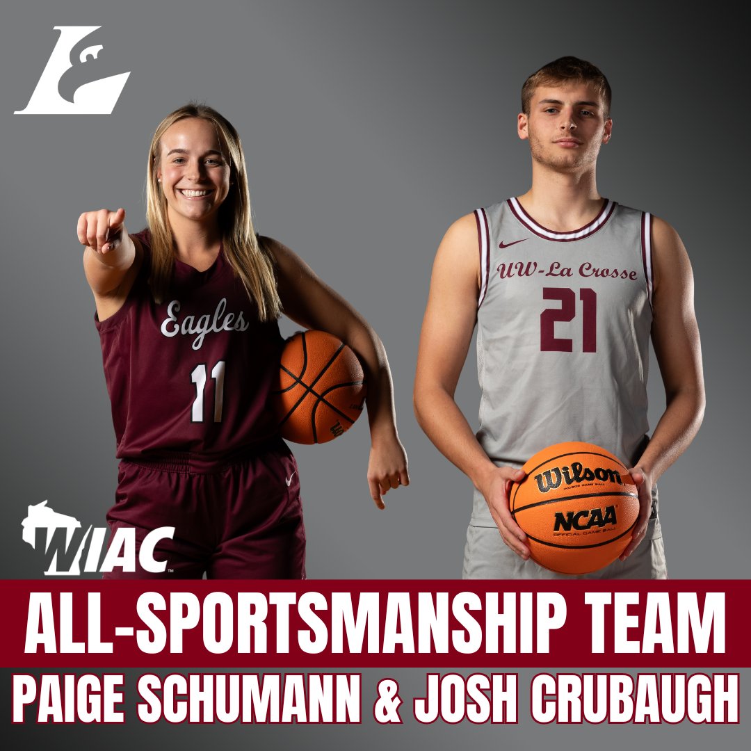 Congratulations to <a href="/UWLEaglesWBB/">UW-La Crosse WBB</a> Paige Schumann and <a href="/UWLEagleMBB/">UW-La Crosse Men’s Basketball</a> Josh Crubaugh for being named to the 2023-24 All-WIAC Sportsmanship Teams.