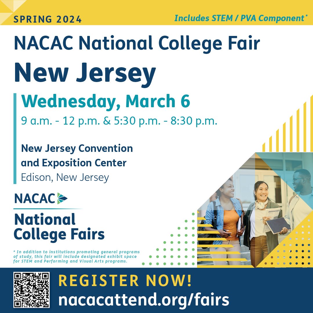 #NACAC National College Fairs: Join us for two sessions at the New Jersey Convention and Exposition Center on March 6. Register today! nacacattend.org/fairs