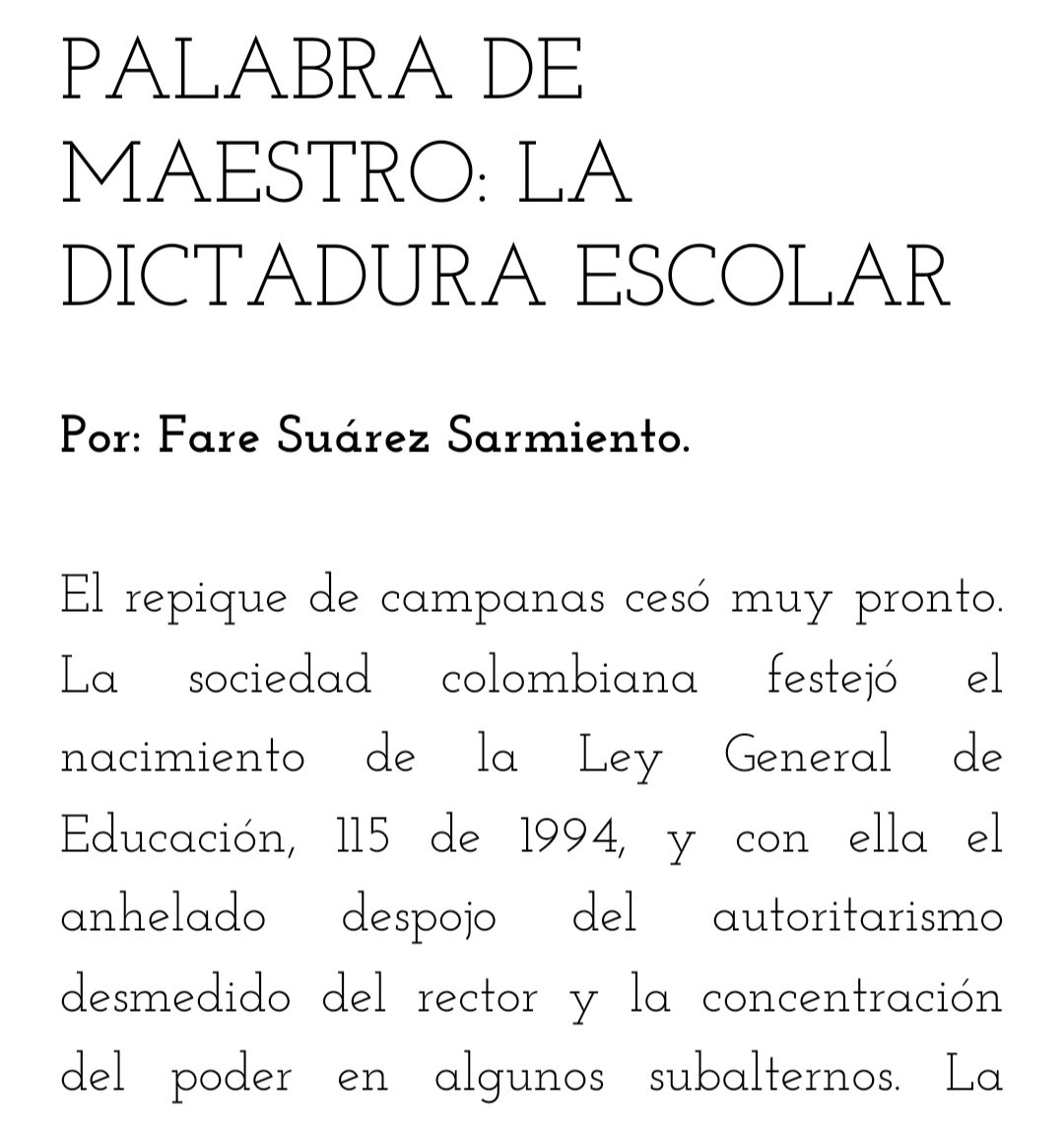 Apreciados lectores los invitamos a leer la columna del profesor Fare Suárez Sarmiento titulada:

Palabra de Maestro: la dictadura escolar. 👇🏻

columna7.com/post/palabra-d…