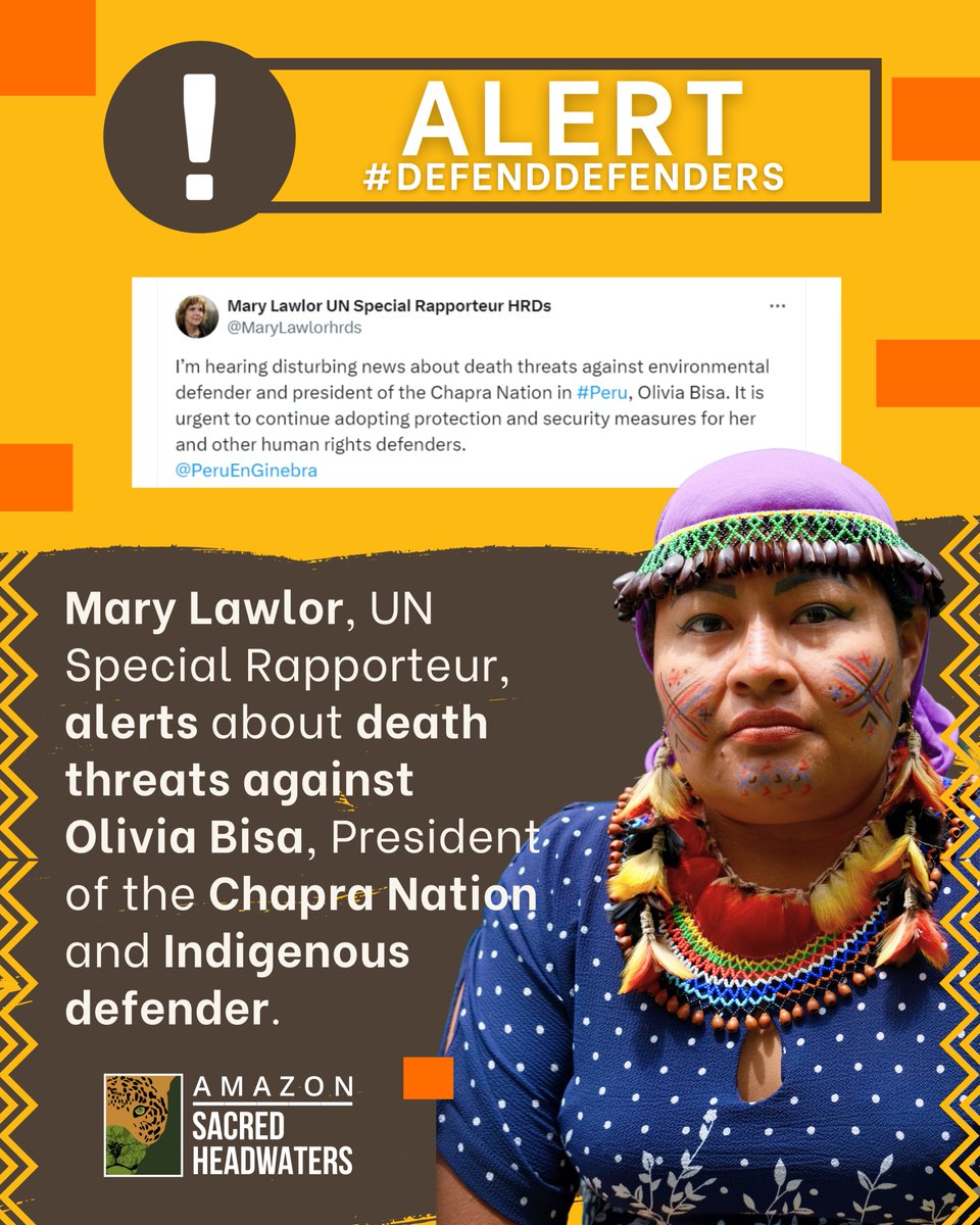 #Alert🚨 #DefendDefenders 🌳 @MaryLawlorhrds, UN Special Rapporteur on human rights defenders, alerts about death threats against Olivia Bisa, president of the Chapra Nation and Indigenous defender. @UN @NacionChapra @IfNotUs_ThenWho @presidenciaperu