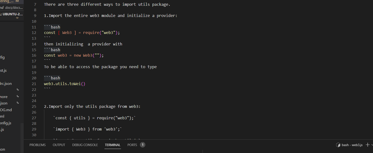 hello_sattar's tweet image. Day28 of #30daysofweb3 back to coding after a 4 days break due to flu, started with my web3.js documentation which I wrote previously, making some changes to it as advised by its maintainers, added fenced code blocks today, will complete and push it soon.