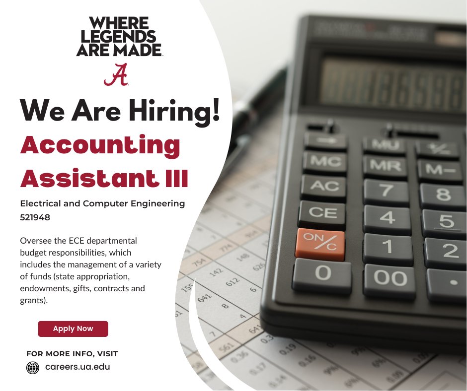 We Are Hiring! The Accounting Assistant III maintains accurate financial records.

For more information and to apply:
bit.ly/49Tw3Je

#UAJobs #rolltide #UA #NowHiring #Work4UA #jobs4vets