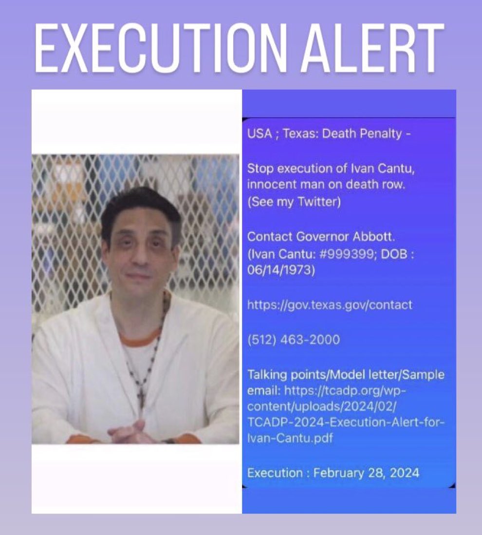 Please @GregAbbott_TX @GovAbbott be the hero- issue a stay of execution 4 #IvanCantu who has much new evidence to challenge his guilty verdict. 1 in 8 death row inmates are exonerated- 🙏 don’t ignore strong chance you will be killing an innocent man! 150k+ say #SaveIvanCantu