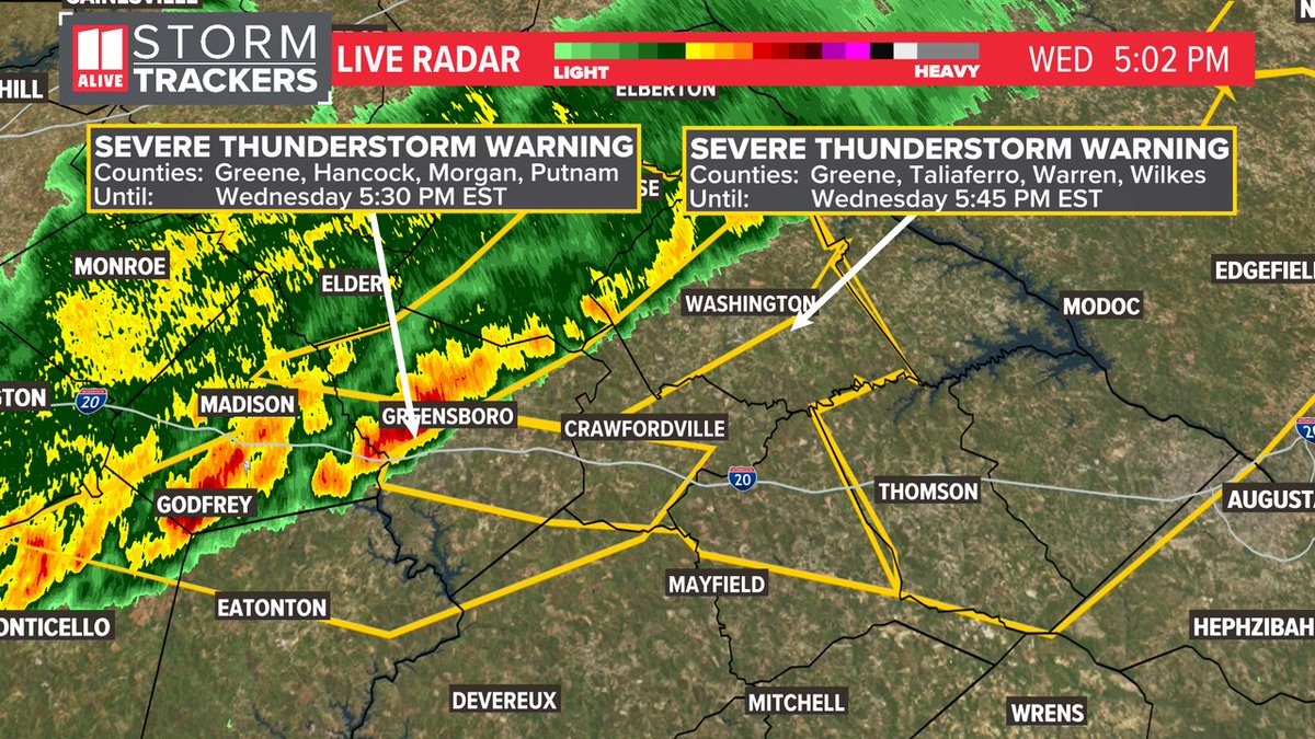A Severe Thunderstorm Warning has been issued for Greene, Wilkes, Warren, Taliaferro until 2/28 5:45PM. Track storms now: 11alive.com/radar #storm11 #gawx