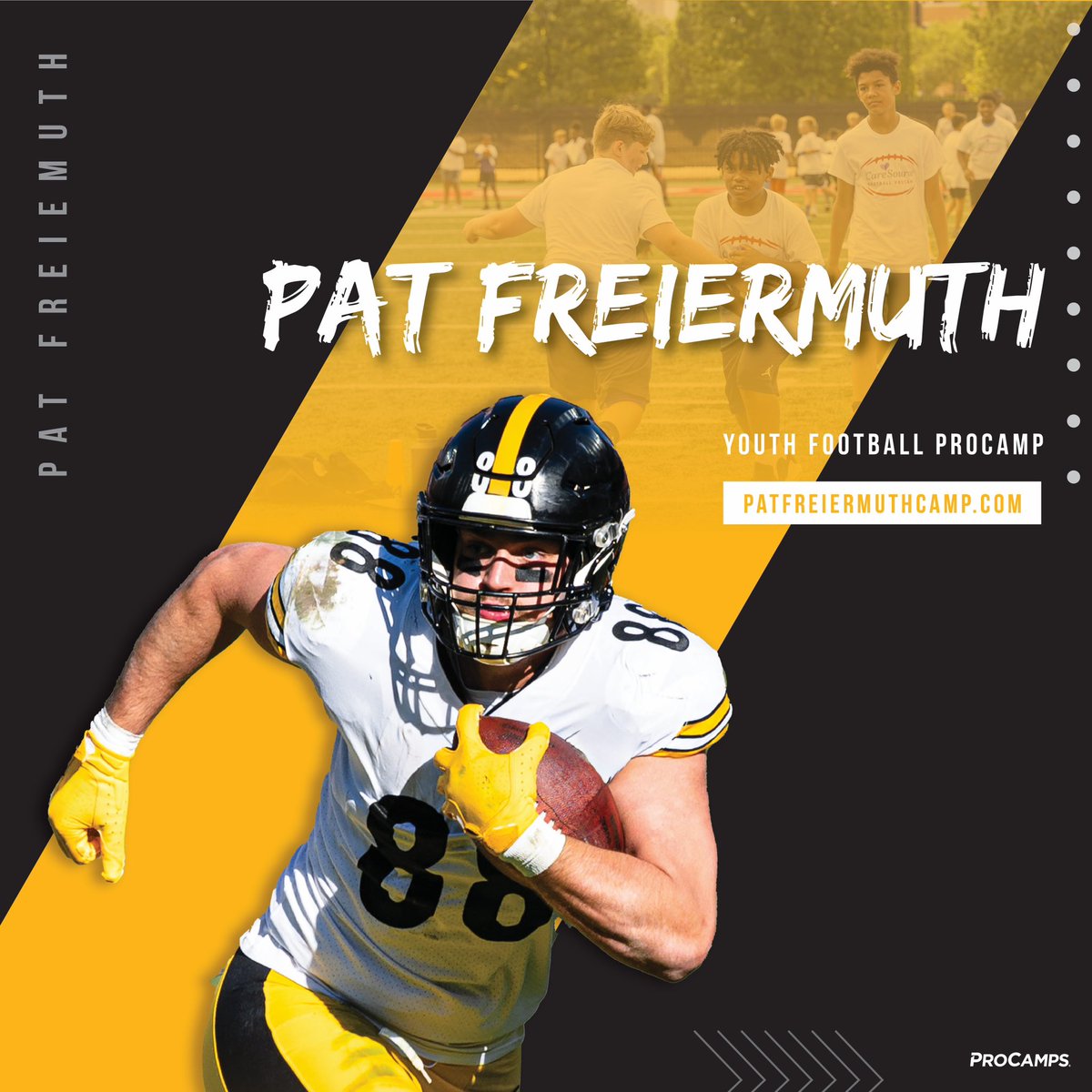 Here we goooooo ➡️ Who’s IN?! 🏈 Pittsburgh, you won’t want to miss the Pat Freiermuth youth football ProCamp! Registration is now open! #HereWeGo 🟨 ⬛   Visit patfreiermuthcamp.com to secure your spot! 🔒