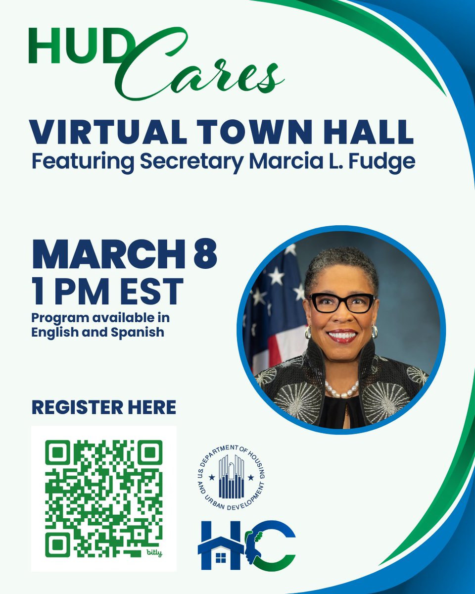 Mark your calendars! 📅 HUD is hosting a virtual town hall on March 8 at 1 PM to share agency accomplishments, 2024 updates, and a special message from @SecFudge. Register here or through the QR code below: apps.hud.gov/emarc/index.cf…