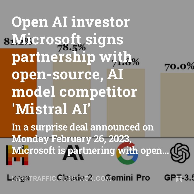 darktrafficorg's tweet photo. Open AI investor Microsoft signs partnership with open-source, AI model competitor 'Mistral AI', by @redsnflr https://t.co/l26KdDyMhD https://t.co/SFIGfxa2Vu