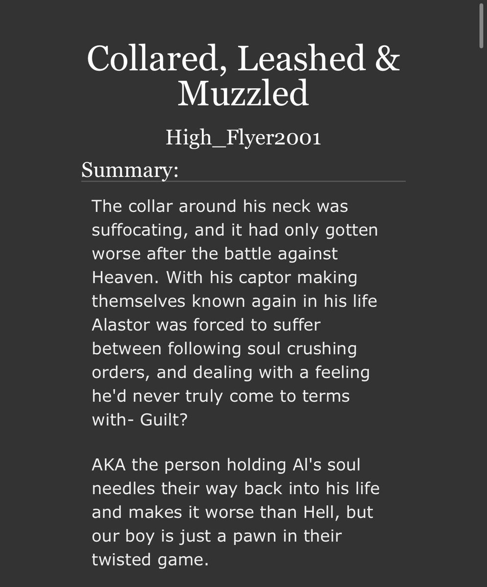 HighFlyer2001's tweet photo. Yoo-hoo! New fic dropped!

Collared, Leashed &amp; Muzzled, written by yours truly. I’m praying it’s okay 😭 Tags to be updated as I go  

https://t.co/O7CxaGvdln

#HazbinHotel https://t.co/yglEPkktiC