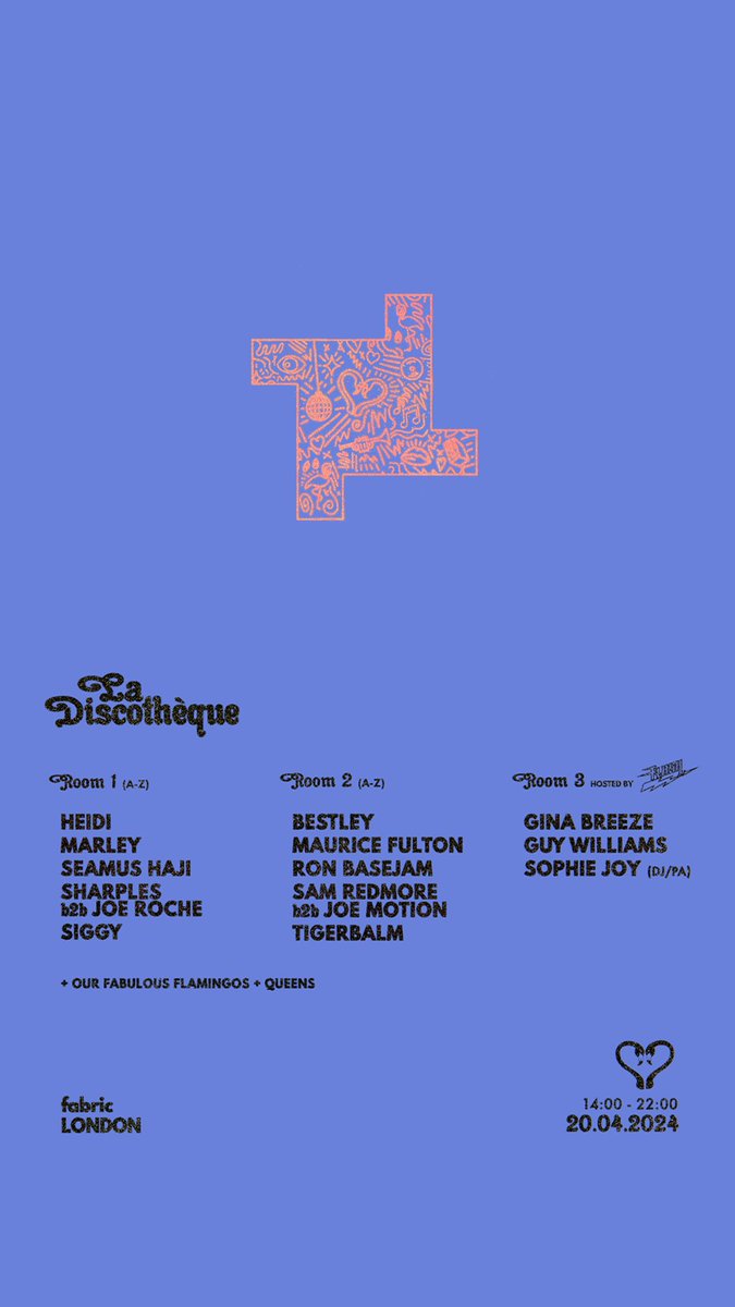 La Discothèque X @fabriclondon 20th April 14:00-22:00 w/ @djheidi @mauricefulton @seamushaji @RonBasejam @GinaBreezeDJ & so many more! ✨️ Sign up for tomorrow's 11am pre-sale here: ra.co/pre/1864596?fb… General sale Friday 11am 🪩🦩