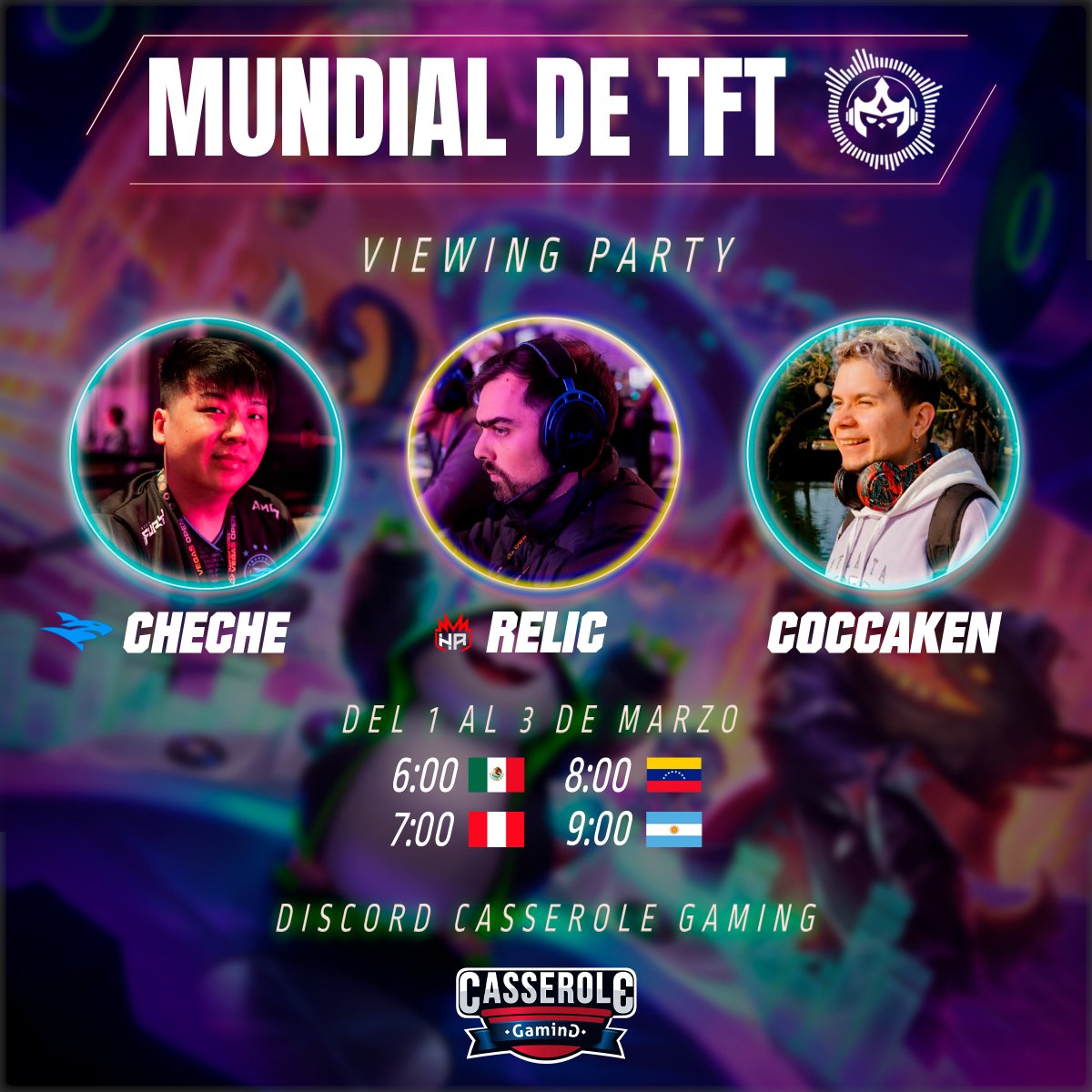 CasseroleGaming's tweet image. Disfrutemos juntos el mundial de TFT apoyando a nuestros representantes 🙌🙌

Acompáñanos en nuestra VIEWER PARTY este fin de semana en Discord:
🔗discord.com/invite/KVeJYn9

Tendrás de oportunidad de ganar fabulosos premios con nuestras actividades 🤩🤩

Los esperamos!
#SomosTFT