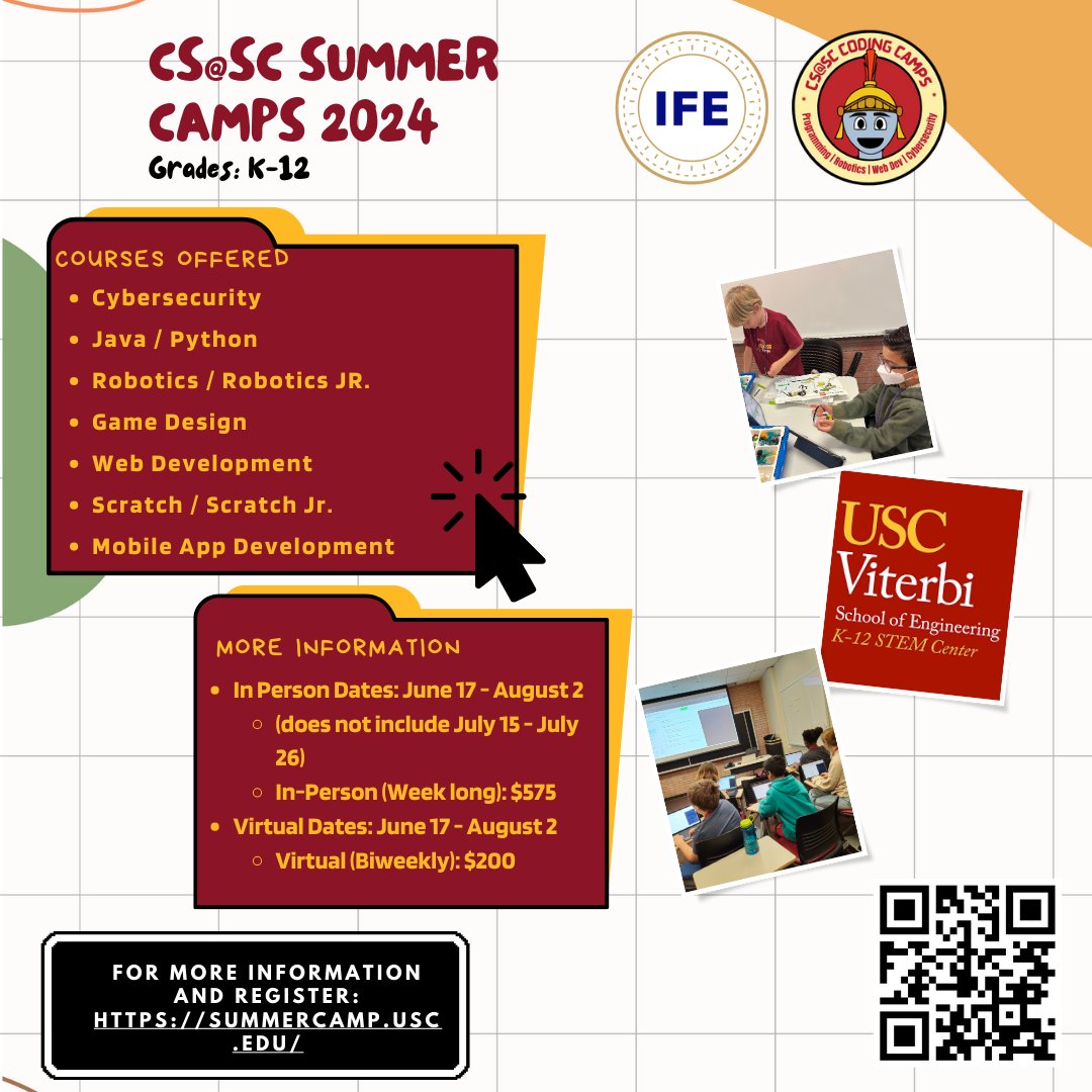 USCViterbiSTEM's tweet image. Summer Registration is now open! Sign up on our website today at:
summercamp.usc.edu/register/
#kidsWhoCodeRule #CodingCamps #programmer #SummerCampFun #uscSummerPrograms #kidsWhoCode