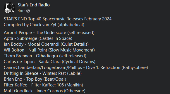 OtherSide (@othersideaudio) on Twitter photo Thank you to Chuck van Zyl and Star's End Radio for featuring Matt Goodluck and Inner Cosmos as part of their top 40 releases of February! You can pick up your copy today via otherside.audio or <a href="/burningshednews/">Burning Shed</a> #PhysicalMedia #LimitedEdition <a href="/robertrichmusic/">Robert Rich</a> <a href="/ProgScape/">ProgScape</a> Thank you to Chuck van Zyl and Star's End Radio for featuring Matt Goodluck and Inner Cosmos as part of their top 40 releases of February! You can pick up your copy today via otherside.audio or <a href="/burningshednews/">Burning Shed</a> #PhysicalMedia #LimitedEdition <a href="/robertrichmusic/">Robert Rich</a> <a href="/ProgScape/">ProgScape</a>