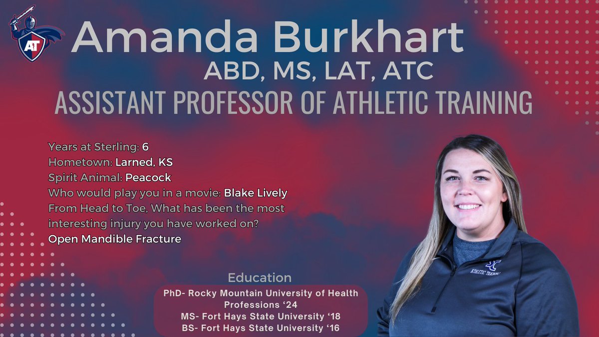 Sterling College Graduate AT Program (@scgradatp) on Twitter photo Our next Staff Spotlight is Amanda Burkhart. This is her 6th year at Sterling College. She is our Assistant Professor and also teaches in the undergraduate Health Science department. #SwordsUp <a href="/MAATAD5/">MAATA District 5</a> <a href="/NATA1950/">NATA</a> <a href="/NAIAATA20/">NAIA Athletic Trainers Association</a> <a href="/SterlingCSports/">Sterling Warriors</a> <a href="/SterlingCLife/">Sterling College</a> #NATM2024 Our next Staff Spotlight is Amanda Burkhart. This is her 6th year at Sterling College. She is our Assistant Professor and also teaches in the undergraduate Health Science department. #SwordsUp <a href="/MAATAD5/">MAATA District 5</a> <a href="/NATA1950/">NATA</a> <a href="/NAIAATA20/">NAIA Athletic Trainers Association</a> <a href="/SterlingCSports/">Sterling Warriors</a> <a href="/SterlingCLife/">Sterling College</a> #NATM2024