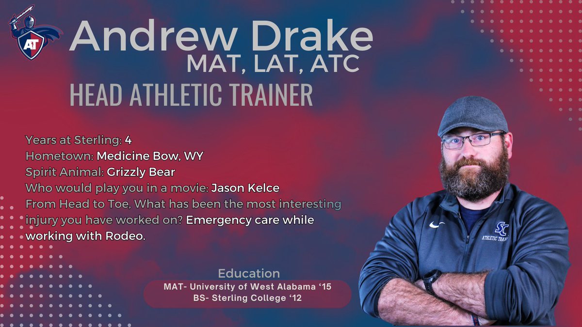 Sterling College Graduate AT Program (@scgradatp) on Twitter photo Our next Staff Spotlight is Andrew Drake. This is his 4th year at Sterling College. He covers Football and Cheer. Also, he teaches in the Graduate program and Health Science program. #SwordsUp <a href="/MAATAD5/">MAATA District 5</a> <a href="/NATA1950/">NATA</a> <a href="/NAIAATA20/">NAIA Athletic Trainers Association</a> <a href="/SterlingCSports/">Sterling Warriors</a> <a href="/SterlingCLife/">Sterling College</a> <a href="/SCSportMed/">Sterling College Sports Medicine</a> #NATM2024 Our next Staff Spotlight is Andrew Drake. This is his 4th year at Sterling College. He covers Football and Cheer. Also, he teaches in the Graduate program and Health Science program. #SwordsUp <a href="/MAATAD5/">MAATA District 5</a> <a href="/NATA1950/">NATA</a> <a href="/NAIAATA20/">NAIA Athletic Trainers Association</a> <a href="/SterlingCSports/">Sterling Warriors</a> <a href="/SterlingCLife/">Sterling College</a> <a href="/SCSportMed/">Sterling College Sports Medicine</a> #NATM2024