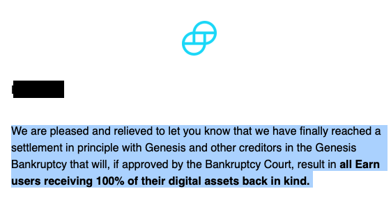 FunkmasterAmp's tweet image. Good news for @Gemini Earn peeps. Looks like you will be getting 100% of your assets back! Kudos to @tyler @cameron &amp;amp; their law team for putting pressure and staying committed to this.
