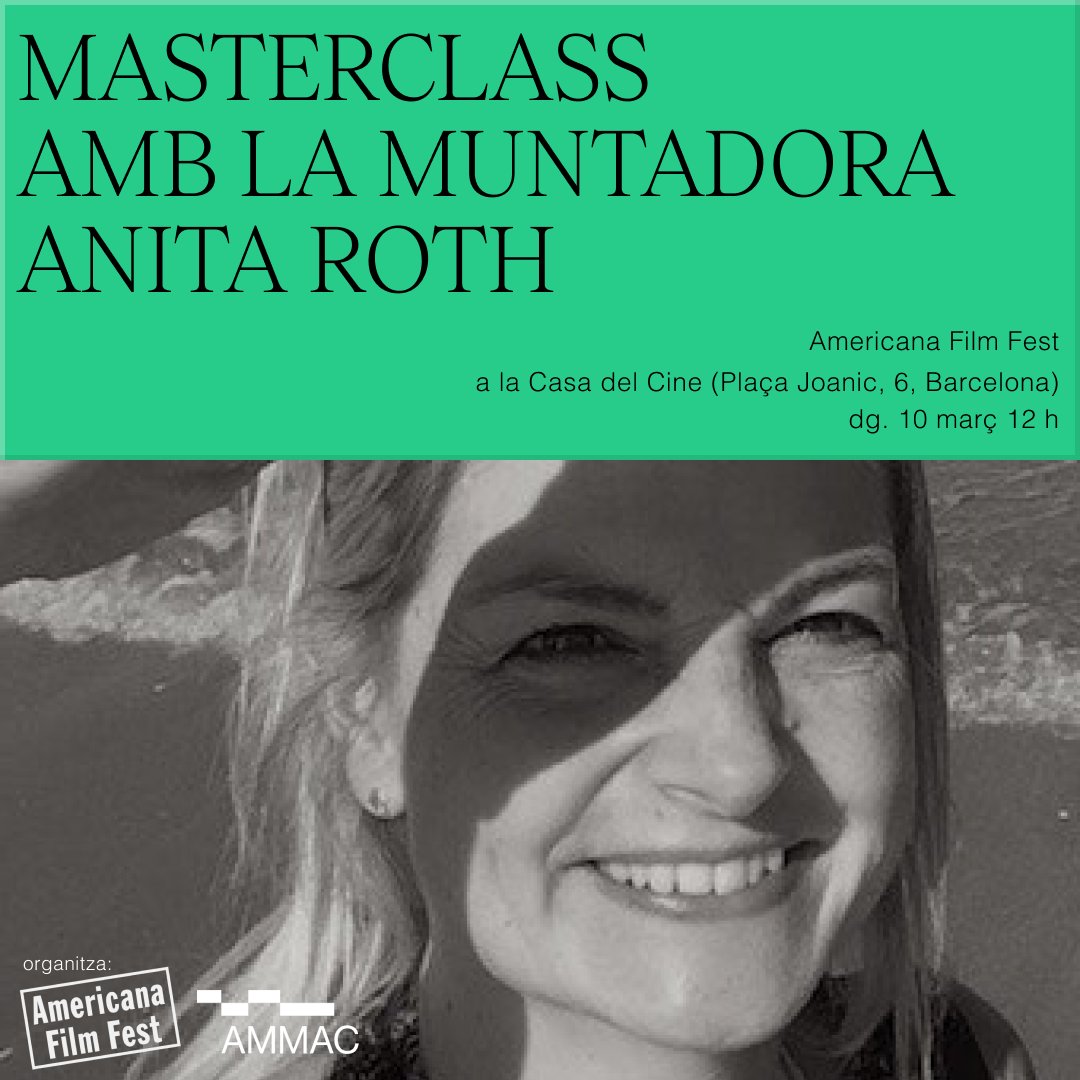 T'esperem a la Masterclass amb la muntadora Anita Roth dins el @Americana_FF amb col·laboració #AMMAC! 🎬 📍 Casa del Cine (Barcelona) 🗓️ diumenge 10 de març 🕙 12 h #Americana2024 #activitatsAMMAC