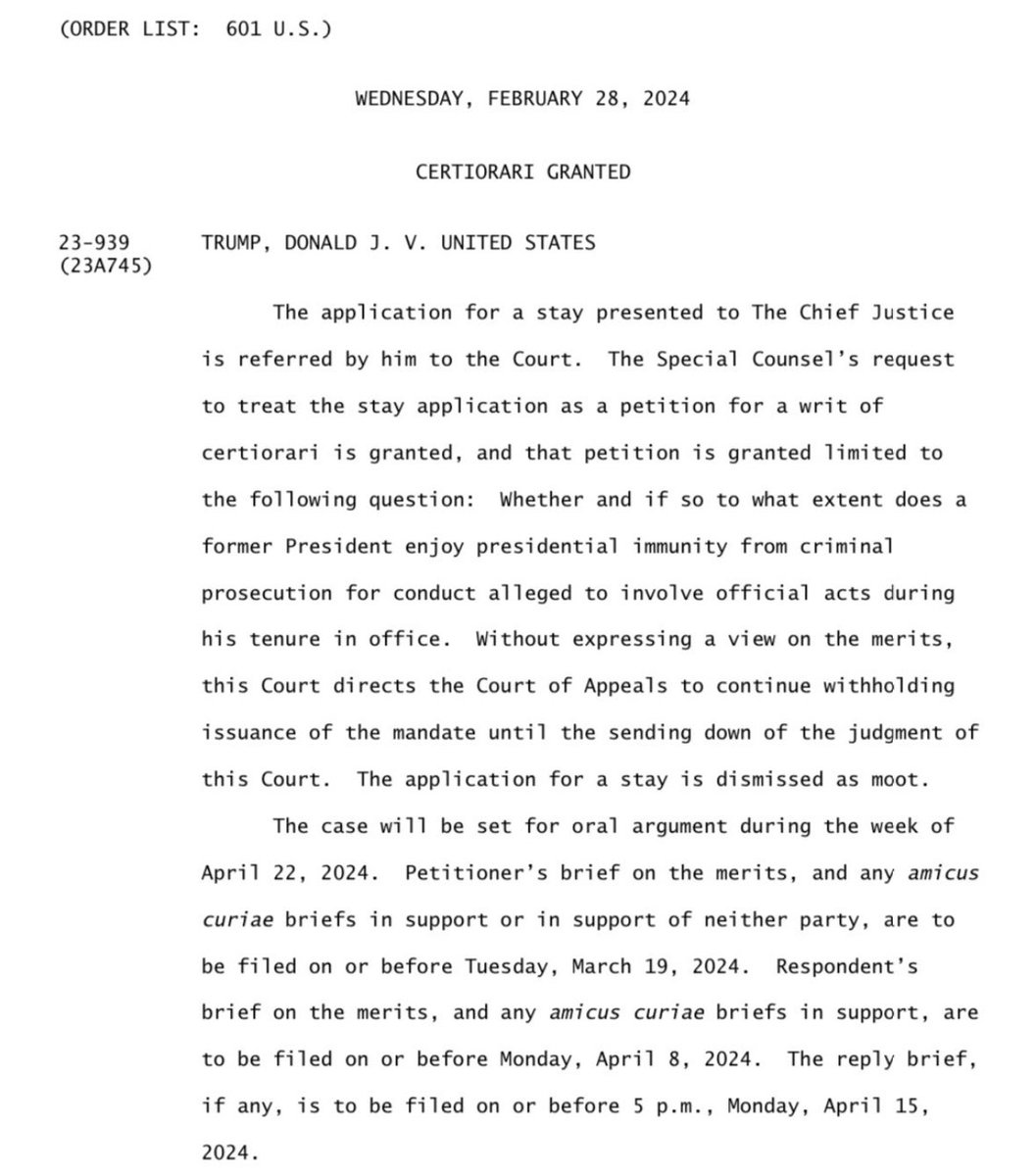 meiselasb's tweet photo. The Supreme Court sat on Trumpโs stay request on his absolute immunity claim for weeks and just granted certiorari and set oral argument for April 22. I see very little chance the DC federal case can go to trial now in 2024. The Supreme Court strikes again. https://t.co/lUQPkatUdq