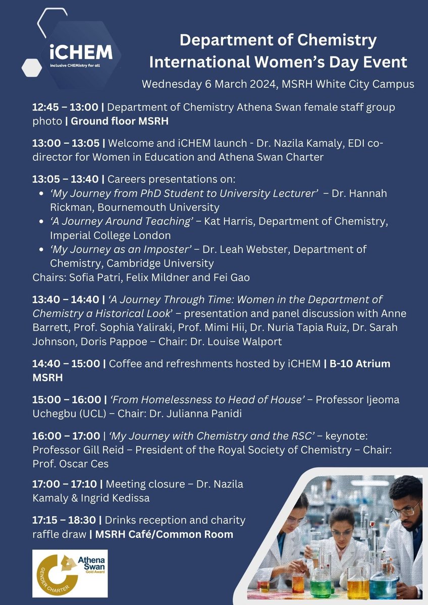 iCHEM is proud to host and present its inaugural event on March 6th to celebrate Women at Imperial Week and International Women's Day! We are delighted to welcome a great line up of speakers including our Keynote speaker RSC President Prof. Gill Reid! #iCHEM @iCHEM_ICL