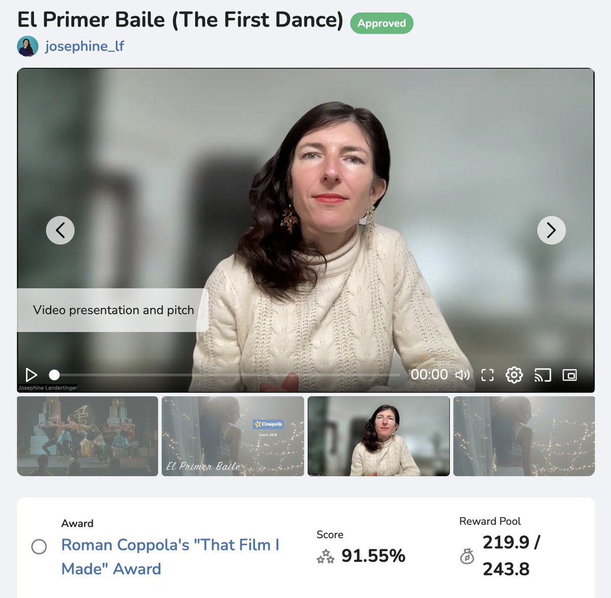 Have you watched my short film 'El Primer Baile' and listened to my pitch? It's a chance to get to know me better and also help me achieve the next step in my career - working on a film with Roman Coppola. Will you vote for me 😍?app.decentralized.pictures/proposal/6585a…  #femalefilmmakers #film3