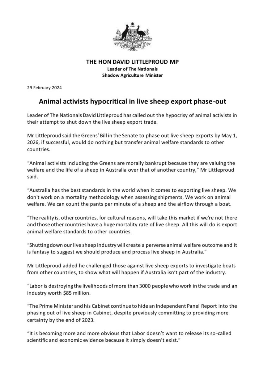 The Greens’ Bill in the Senate to phase out live sheep exports does nothing but highlight their hypocrisy by transferring animal welfare standards to other countries.