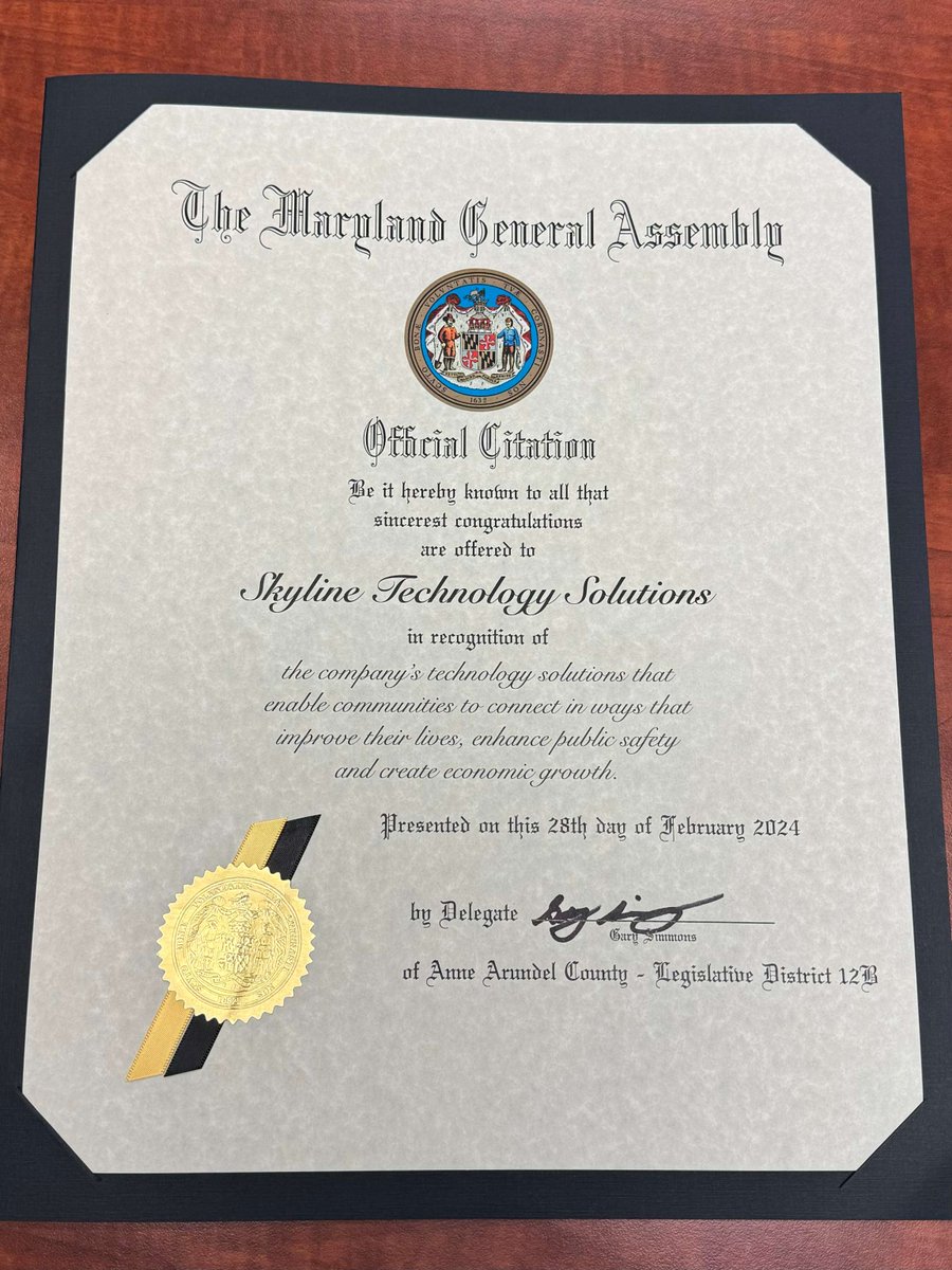 Today, we're thrilled to share that Skyline has been honored with a citation from Delegate Simmons, recognizing our unwavering dedication to building a more resilient and connected society. Thank you to Delegate Simmons! #PublicSafety #EconomicGrowth #ConnectedSociety