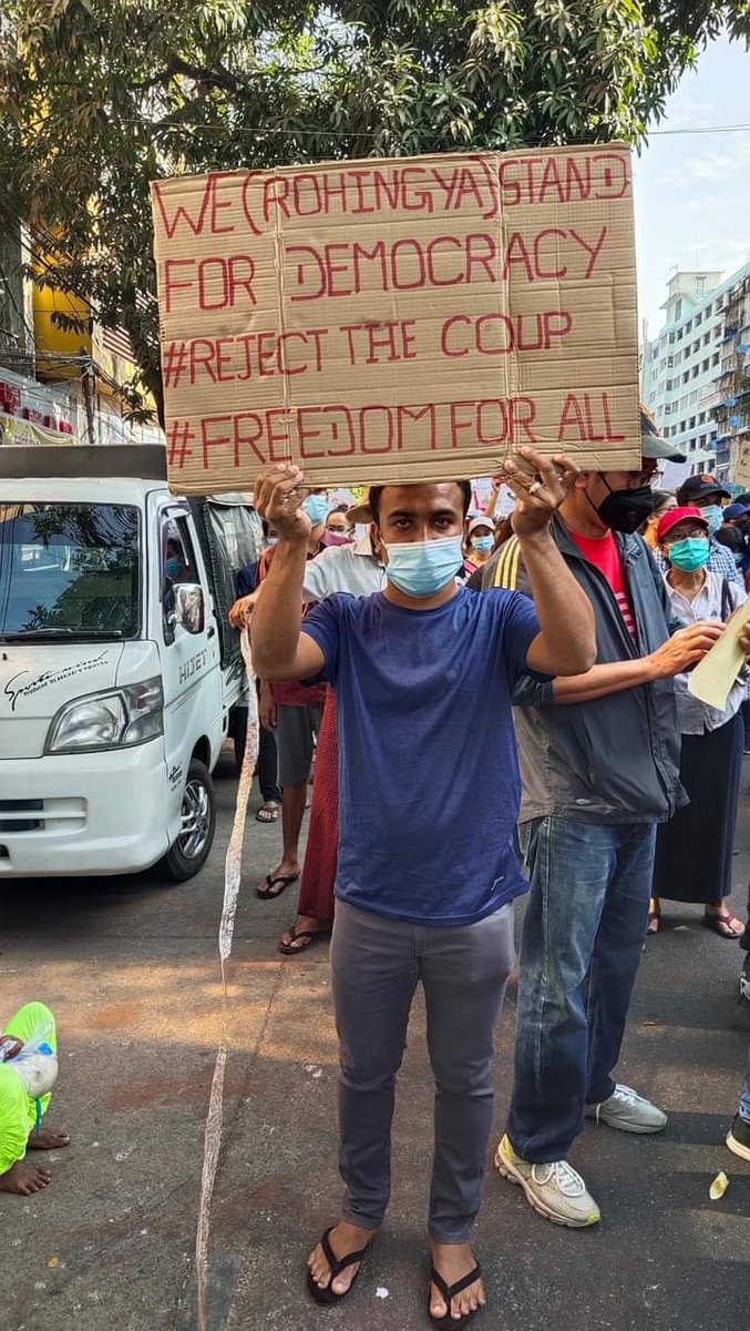 We are against #militarycoupinMyanmar.
A #Rohingya brother joins the protest in Yangon this morning. 

@RGS_Survivor
#Myanmarcoup #WhatsHappeningInMyanmar