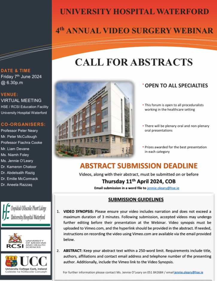 Abstracts now being accepted for The 4th <a href="/UHW_Waterford/">Univ Hosp Waterford</a> Video Surgery Webinar! All welcome! Abstract Deadline 11th April 2024 <a href="/SurgeryDeptUCC/">UCC Department of Surgery</a> <a href="/RCSI_Irl/">RCSI</a> <a href="/Matersurgery/">MaterSurgery</a> <a href="/GalwaySurgery/">University of Galway Surgery 🔬🧬</a> <a href="/UHLSurgery/">UHL Surgery</a> <a href="/SurgerySvhg/">SVUH Surgery</a>