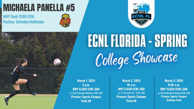 Michaela "KK" Panella (@kkpanella) on Twitter photo I'm heading to ECNL Florida this weekend! Here is my schedule 🌊🌴☀️⚽️
<a href="/TheSoccerWire/">SoccerWire</a> <a href="/PrepSoccer/">Prep Soccer ⚽️</a> <a href="/TopDrawerSoccer/">TopDrawerSoccer</a> <a href="/scoutingzone/">ScoutingZone®</a> <a href="/ImYouthSoccer/">ECNL/GA/Recruiting/College Soccer</a> <a href="/ImCollegeSoccer/">College Soccer Truth ™</a> I'm heading to ECNL Florida this weekend! Here is my schedule 🌊🌴☀️⚽️
<a href="/TheSoccerWire/">SoccerWire</a> <a href="/PrepSoccer/">Prep Soccer ⚽️</a> <a href="/TopDrawerSoccer/">TopDrawerSoccer</a> <a href="/scoutingzone/">ScoutingZone®</a> <a href="/ImYouthSoccer/">ECNL/GA/Recruiting/College Soccer</a> <a href="/ImCollegeSoccer/">College Soccer Truth ™</a>