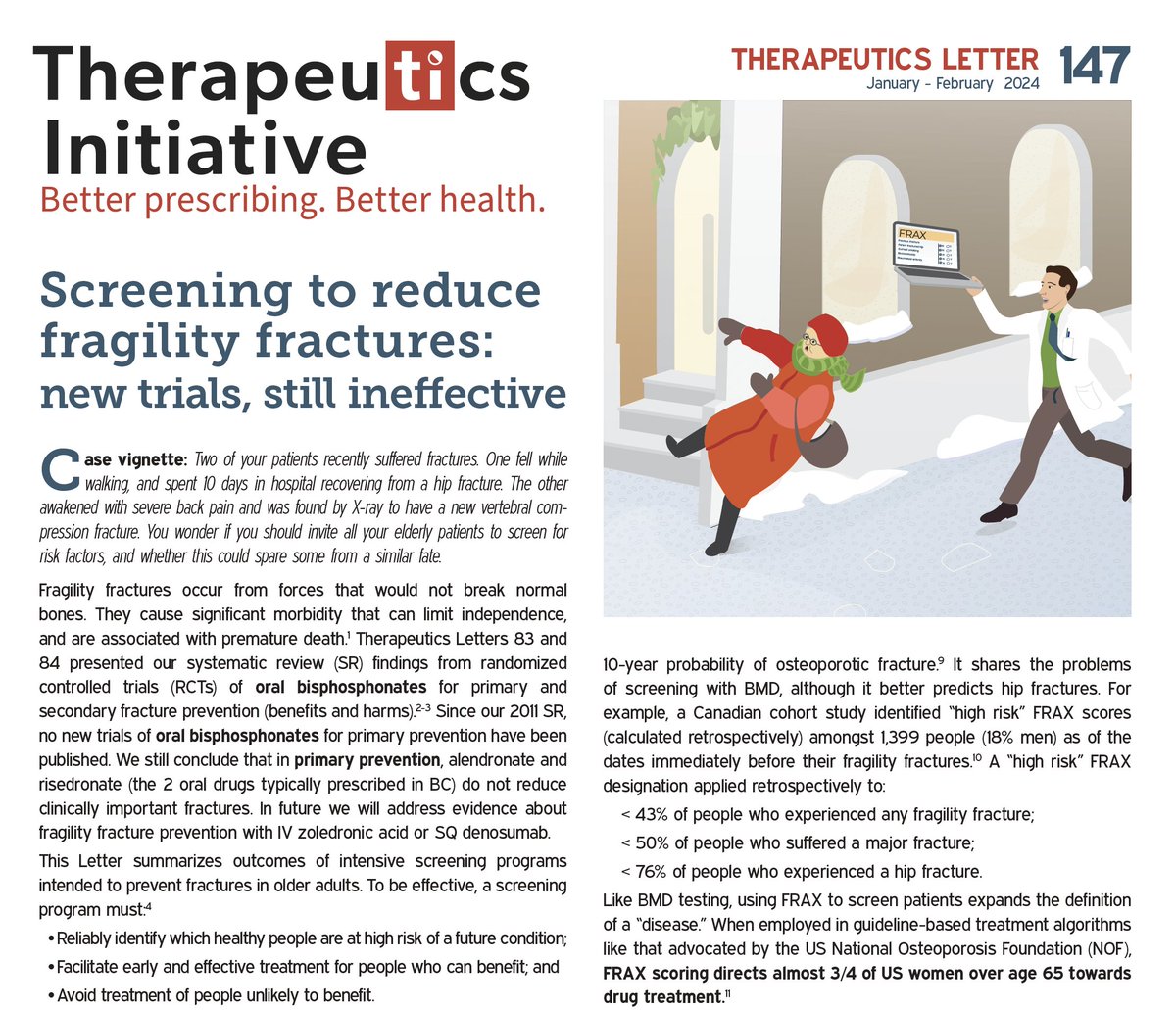 Drug_Evidence's tweet photo. 📢UBC TI Therapeutics Letter 1⃣ 4⃣ 7⃣:
#ScreeningPrograms to reduce fractures in older adults are still INEFFECTIVE ⚠️
➡️https://t.co/iXYa0DF2ay
👍🏽Age, Hx of falls, use of certain meds predict risk much better than BMD, FRAX
#MedEd #fractures #olderadults #ScreeningTools https://t.co/VdRZFPmz2x