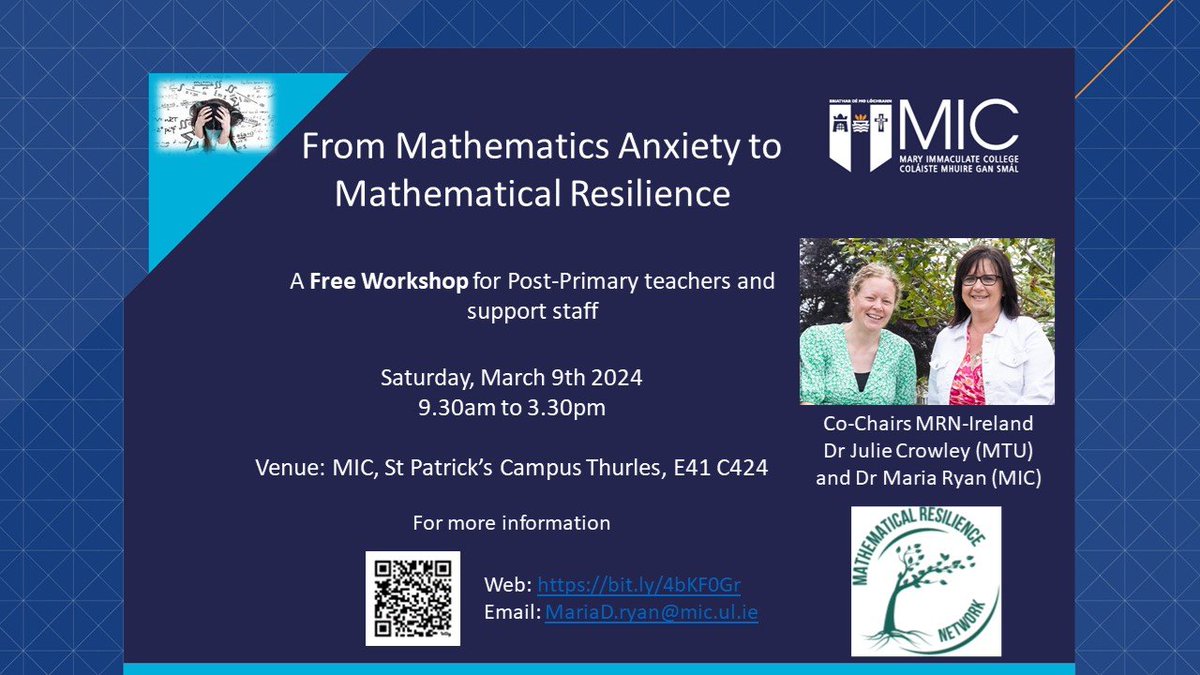 Julie Crowley (@julieccrowley) on Twitter photo Looking forward to the "From Maths Anxiety to Maths Resilience" workshop <a href="/MICThurles/">School of Education, MIC Thurles</a> on the 9th of March with <a href="/WhyHateMaths/">Dr Maria D. Ryan</a>. Last few spaces available. More info: bit.ly/4bKF0Gr Looking forward to the "From Maths Anxiety to Maths Resilience" workshop <a href="/MICThurles/">School of Education, MIC Thurles</a> on the 9th of March with <a href="/WhyHateMaths/">Dr Maria D. Ryan</a>. Last few spaces available. More info: bit.ly/4bKF0Gr