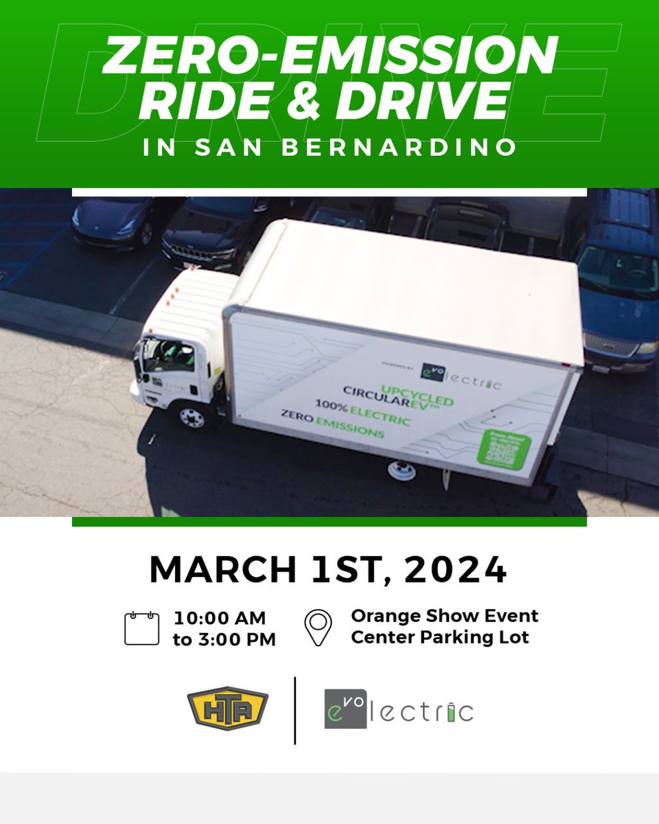 🌐Evolectric will be present at the Zero-Emission Ride &amp; Drive.
💢Come see our 100% electric fleet in action at the Orange Show Event Center from 10:00 a.m. to 3:00 p.m.

Register now to schedule your test drives
eventbrite.com/e/zero-emissio…

#Evolectric  #circularev