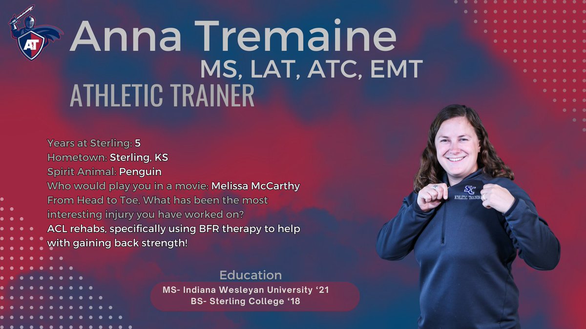 Sterling College Graduate AT Program (@scgradatp) on Twitter photo Our next Staff Spotlight is Anna Tremaine. This is her 5th year at Sterling College. She covers Soccer and Baseball. Also, she teaches in the Graduate program and Health Science program. #SwordsUp <a href="/MAATAD5/">MAATA District 5</a> <a href="/NATA1950/">NATA</a> <a href="/NAIAATA20/">NAIA Athletic Trainers Association</a> <a href="/SterlingCSports/">Sterling Warriors</a> <a href="/SterlingCLife/">Sterling College</a> <a href="/SCSportMed/">Sterling College Sports Medicine</a> #NATM2024 Our next Staff Spotlight is Anna Tremaine. This is her 5th year at Sterling College. She covers Soccer and Baseball. Also, she teaches in the Graduate program and Health Science program. #SwordsUp <a href="/MAATAD5/">MAATA District 5</a> <a href="/NATA1950/">NATA</a> <a href="/NAIAATA20/">NAIA Athletic Trainers Association</a> <a href="/SterlingCSports/">Sterling Warriors</a> <a href="/SterlingCLife/">Sterling College</a> <a href="/SCSportMed/">Sterling College Sports Medicine</a> #NATM2024