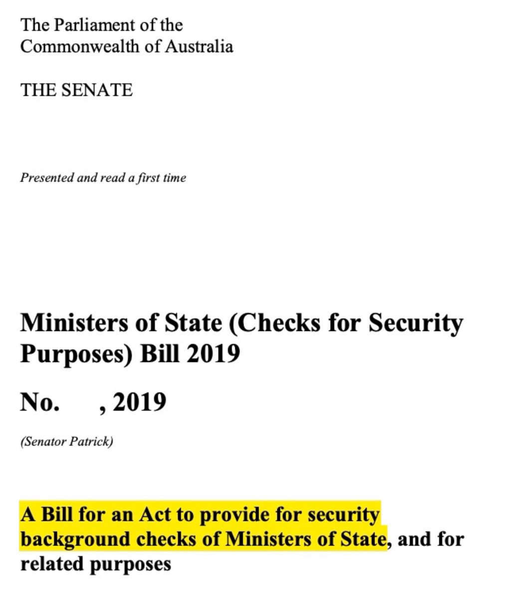 On ministers spying: In Feb 2019 I introduced a Bill into the Senate to fill a gaping hole in our national security - ministers who are provided highly classified info on a daily basis are not security checked. Neither Labor or the LNP would support it. 1/2 #auspol