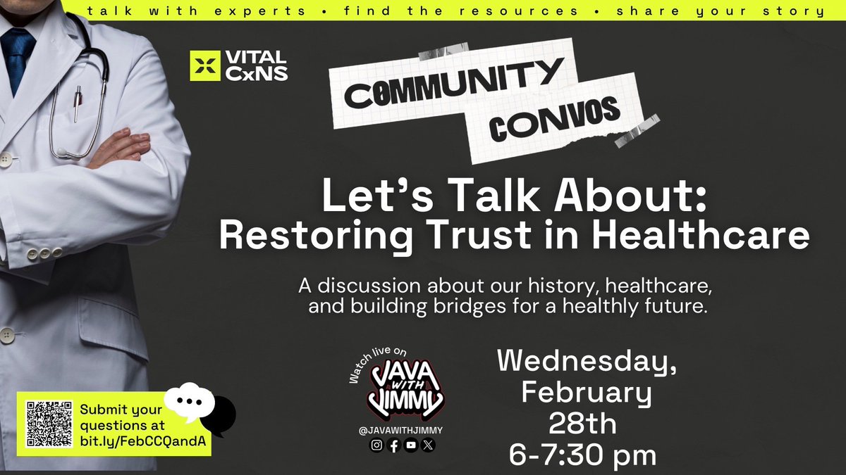 javawithJimmy's tweet image. TONIGHT @ 6 PM

#YourHealthyJava - A Vital Edition in collaboration with @VitalCXNs 

TOPIC: Restoring Trust in #Healthcare