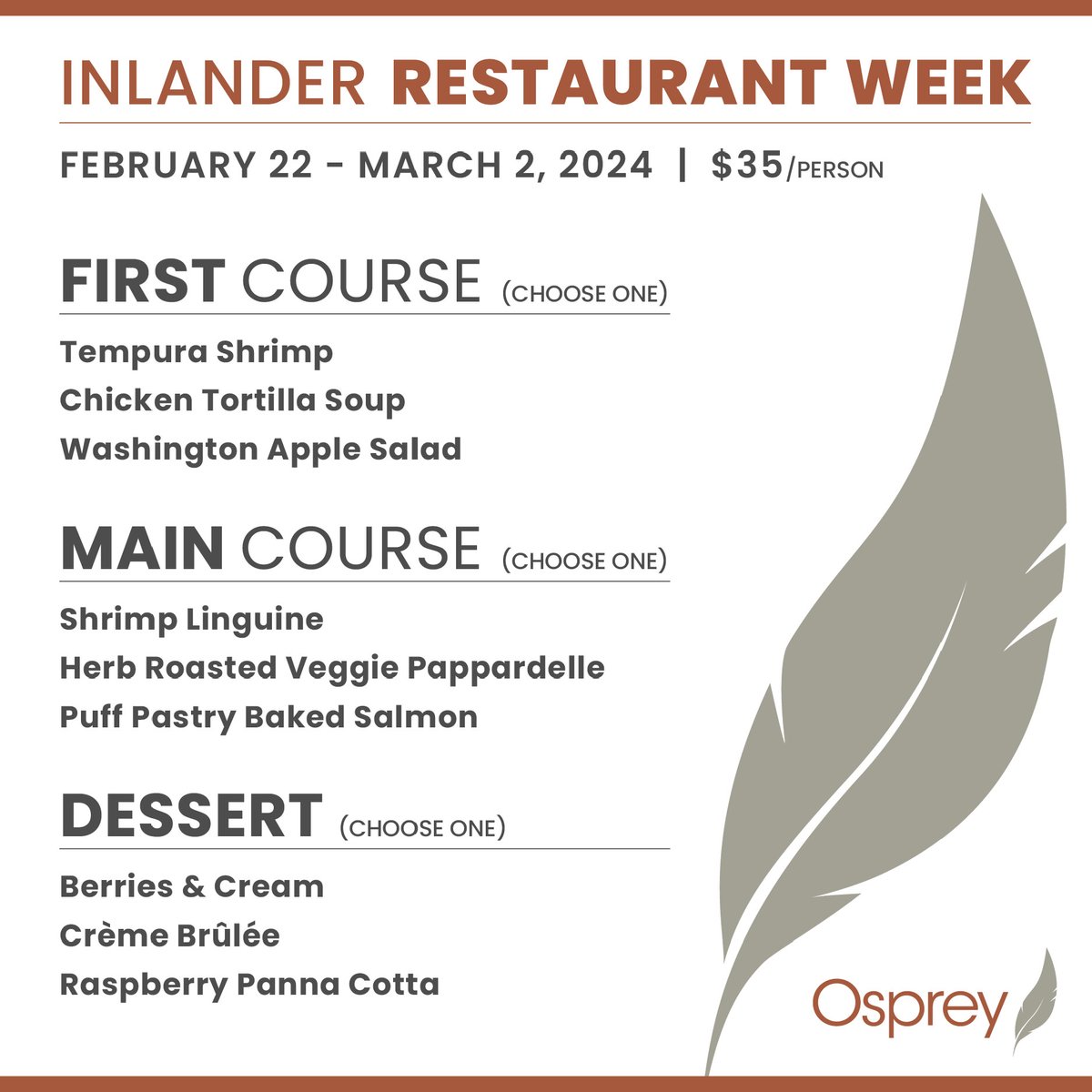 Another delectable looking Restaurant Week menu! Osprey Restaurant & Bar is just outside the core downtown area, with gorgeous views of the Spokane River. Check them out! #ospreyspokane #spokanefoodie #spokaneeats #inlanderrestaurantweek