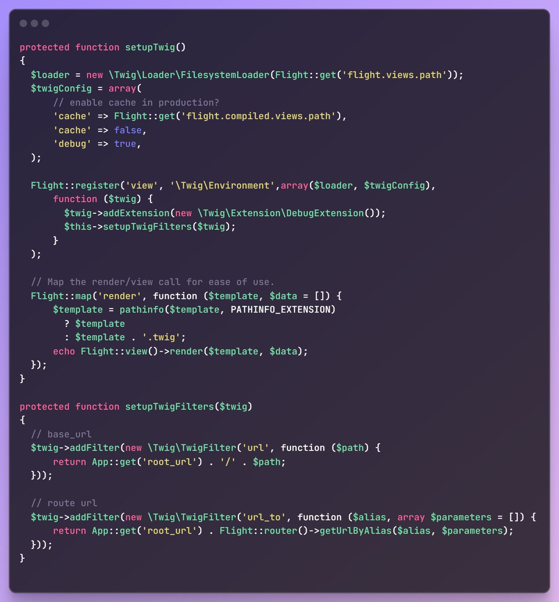 CSDevAr's tweet image. I love Codeigniter but there's a point where you realize PHP is SO good and mature (and maybe so are you). So you need less. Enter #flightphp, now taken by a new team. Lovely. You want to integrate Twig? Compose it and add something ~ like this. Even define filters! Like Lego!