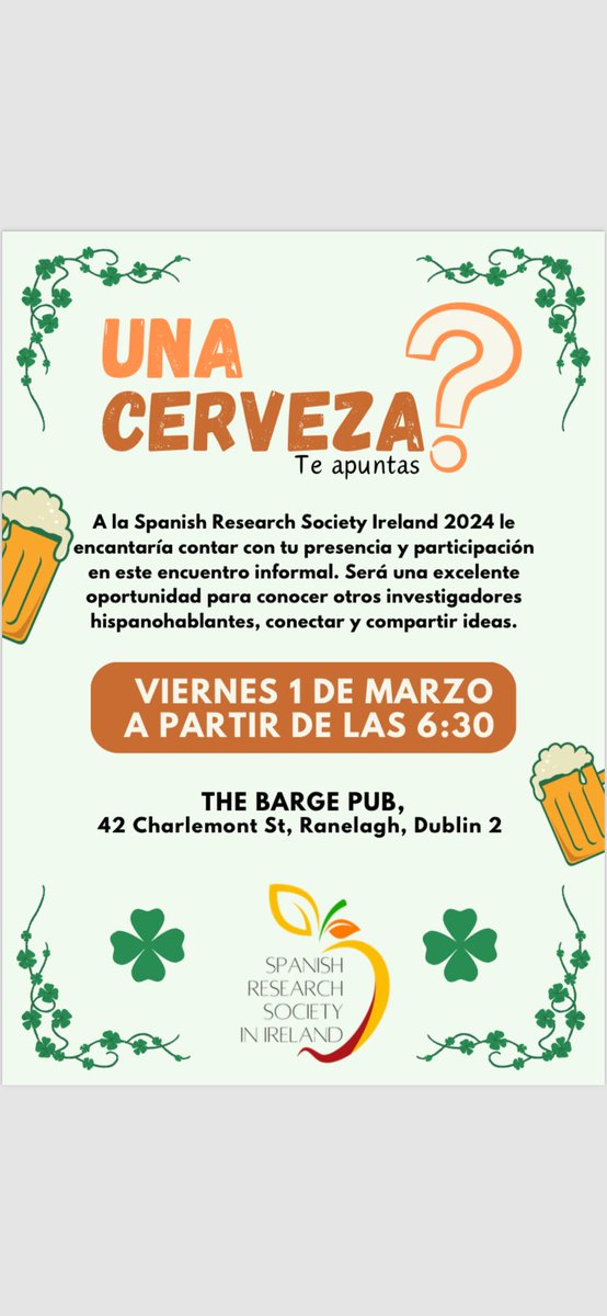 Únete a nosotr@s este viernes para una noche informal de cervezas y networking @SResearch_EIRE 🍺⬇️