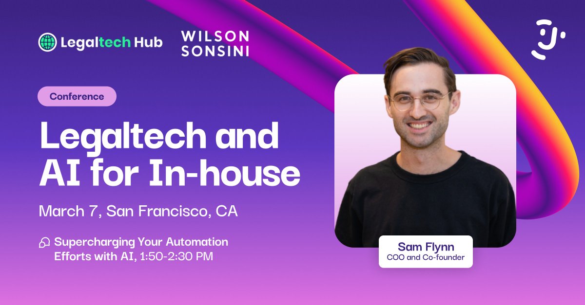 🌉San Fransisco! Join us at next week's conference hosted by the <a href="/LegalTechHub1/">LegalTechHub</a> and <a href="/wilsonsonsini/">Wilson Sonsini</a>!

Josef COO Sam Flynn will be sharing insights from our #GenAI research at the panel ‘Supercharging Your Automation Efforts with AI’!

Learn more &amp; register: eventcreate.com/e/legaltech-an…