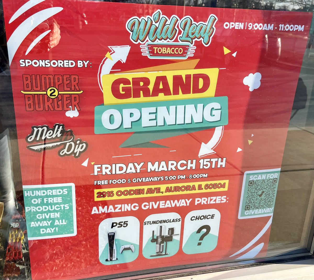 WildLeafTobacco's tweet photo. Huge Wild Leaf Tobacco Grand Opening Friday March 15th at our 2915 Ogden Ave, Aurora IL Store! Tons of free stuff will be handed out and a chance to win a PS5 or a Stundenglass gravity bong! Mark your calendars for this amazing event! #grandopening #storeopening #wildleaf https://t.co/oVmV7xz6gU