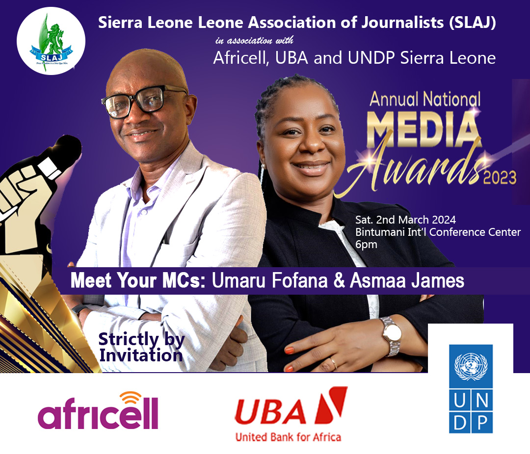 Meet your MCs UMARU FOFANA & ASMAA JAMES. SLAJ Annual National Media Awards 2023 Saturday, 2nd March 2024 Bintumani International Conference Center 6pm @UNDPSierraLeone @AfricellSalone @UBAGroup @UBASalone @UBASierraLeone @slajpresident