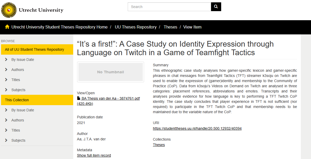 Frodan's tweet photo. Someone literally wrote a 20+ page thesis on @k3soju and the TFT accent for their university BA degree 😭😭

“It’s a first!”: A Case Study on Identity Expression  through Language on Twitch in a Game of Teamfight  Tactics

Reading this on stream today https://t.co/D1OuXyunVU