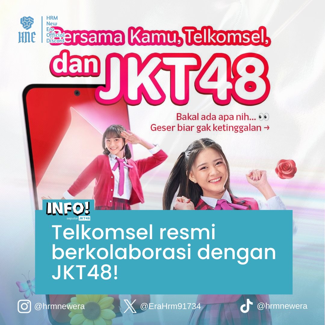 HRMnewera's tweet photo. Hai wotzz..👋
Telkomsel mengumumkan kolaborasinya dengan JKT48.

Dengan kolaborasi ini, Telkomsel menghadirikan Paket Khusus Wota, Konten Eksklusif JKT48, Stiker WhatsApp JKT48, serta Tema spesial JKT48 di aplikasi MyTelkomsel lho🤩
_
_
#jkt48 #hrmnews https://t.co/IhEMMVqFQp