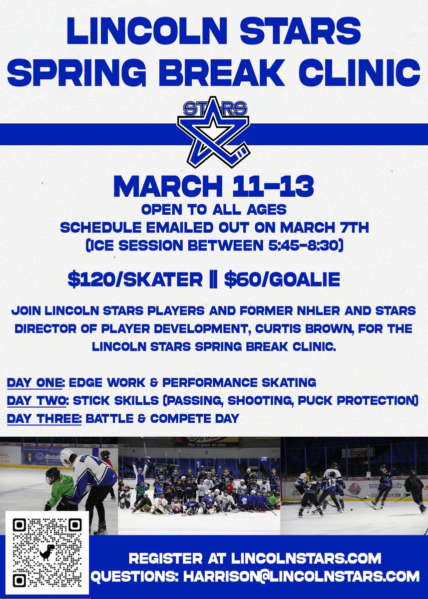 We are two weeks away from the Spring Break Clinic at the Ice Box! Sign up today to learn from Stars players and 13-year NHL veteran Curtis Brown! 

Register here: lincolnstars.com/sports/2023/1/…