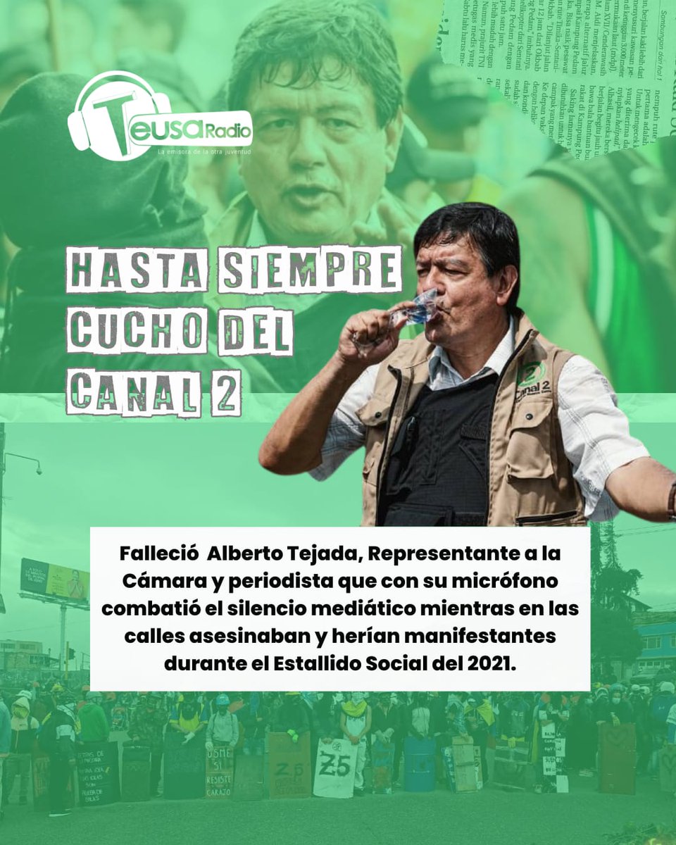 #HastaSiempreCucho 

En la tarde de hoy falleció el Representante a la Cámara por el <a href="/PactoCol/">Pacto Histórico Oficial</a> Alberto Tejada, reconocido por cubrir con el <a href="/canal2co/">Canal 2</a> las vulneraciones a los derechos humanos durante el Estallido Social en la ciudad de Cali. 

facebook.com/share/p/7PeyUR…
